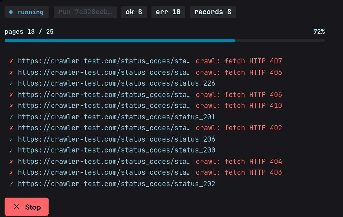 A live crawl of crawler-test.com’s status-code pages at 18 of 25: each fetched page ticked, each failure crossed out with its reason — HTTP 402, 403, 404, 405, 406, 407 and 410.