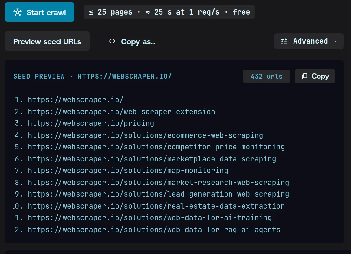 Crawl’s seed preview for webscraper.io: 432 URLs read from its sitemap and listed before anything is fetched, under the estimate of 25 pages in about 25 seconds at 1 request a second.