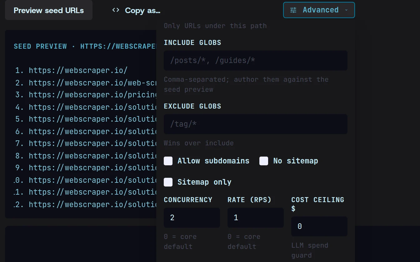 Crawl’s pacing settings: concurrency 2, a rate of 1 request a second, and Auto-throttle on errors switched on.