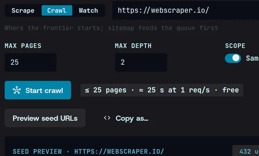 Crawl’s form with webscraper.io as the seed URL, 25 pages two links deep, and its sitemap preview of 432 URLs below.