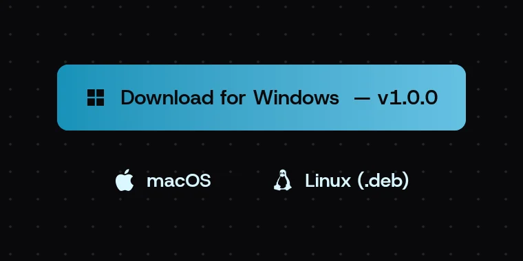 The download picker: a Download for Windows button, v1.0.0, with macOS and Linux (.deb) beside it.