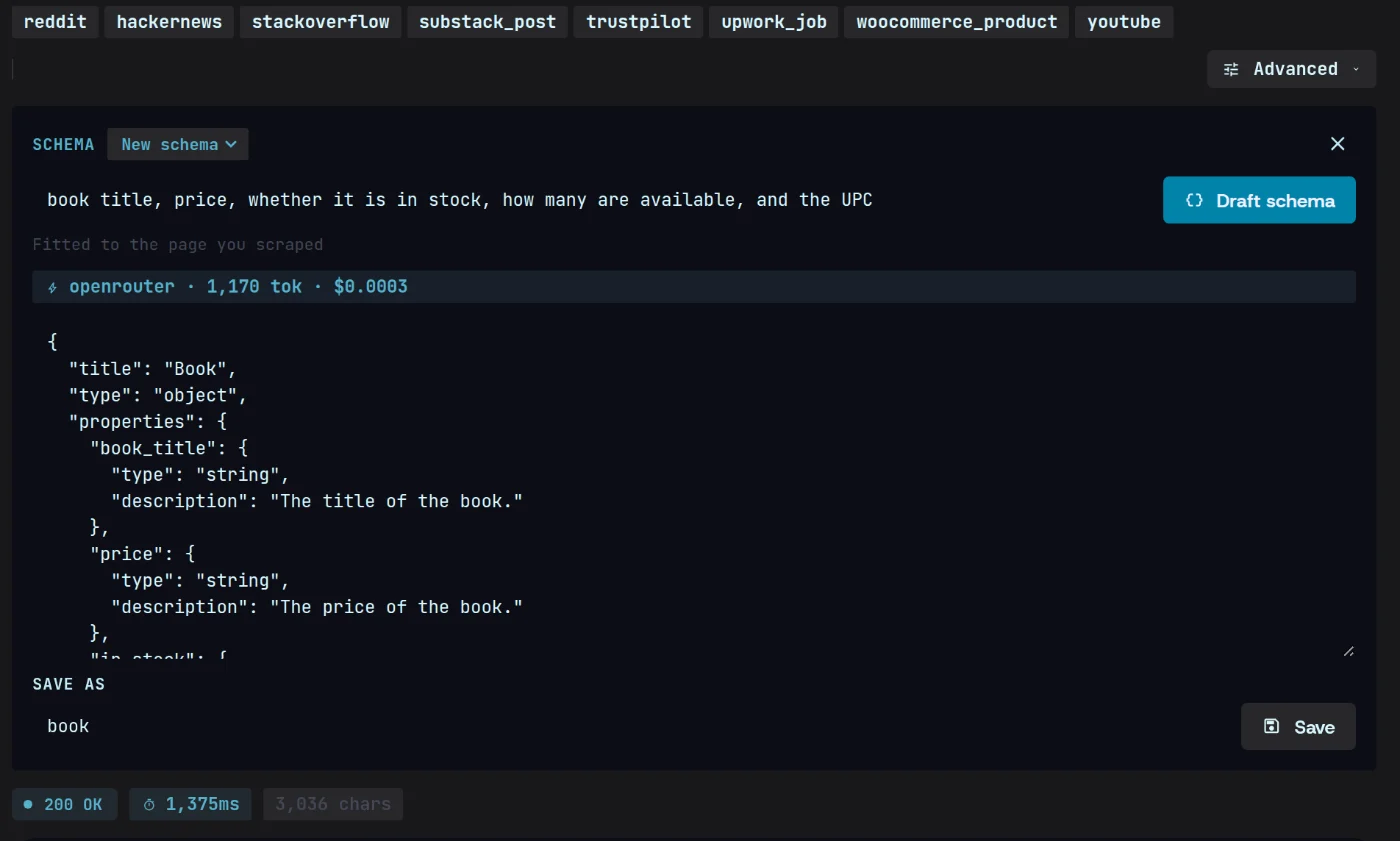 Extract’s schema panel: “book title, price, whether it is in stock, how many are available, and the UPC” drafted into a JSON Schema fitted to the scraped page, for 1,170 tokens and $0.0003 on OpenRouter.