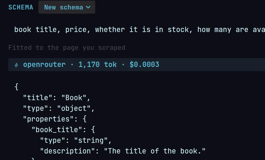The fields described in plain words and the JSON Schema Magpie drafted from them, fitted to the page just scraped.