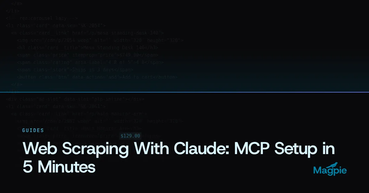 Magpie title card: Web Scraping With Claude: MCP Setup in 5 Minutes, over a storefront's HTML source