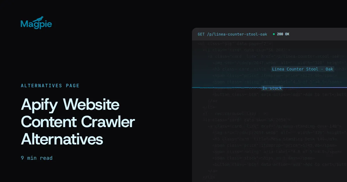Magpie title card: Apify Website Content Crawler Alternatives: Local, Free