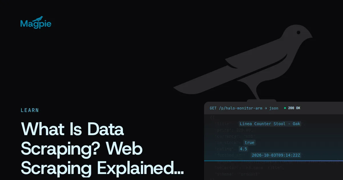 Magpie title card: What Is Data Scraping? Web Scraping Explained, over a 200 OK JSON fetch of a product