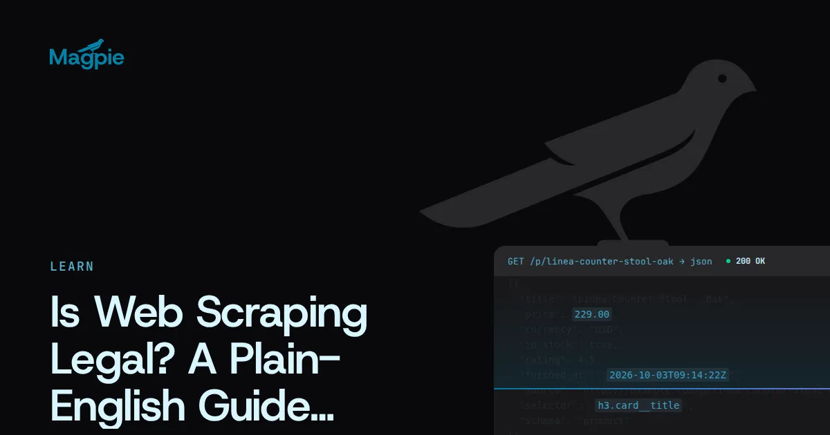 Magpie title card: Is Web Scraping Legal? A Plain-English Guide, over a 200 OK JSON fetch of a product