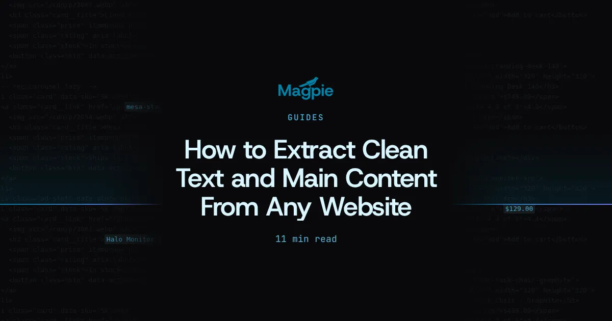 Magpie title card: How to Extract Clean Text and Main Content From Any Website, over a cleaned article body beside its cluttered source page