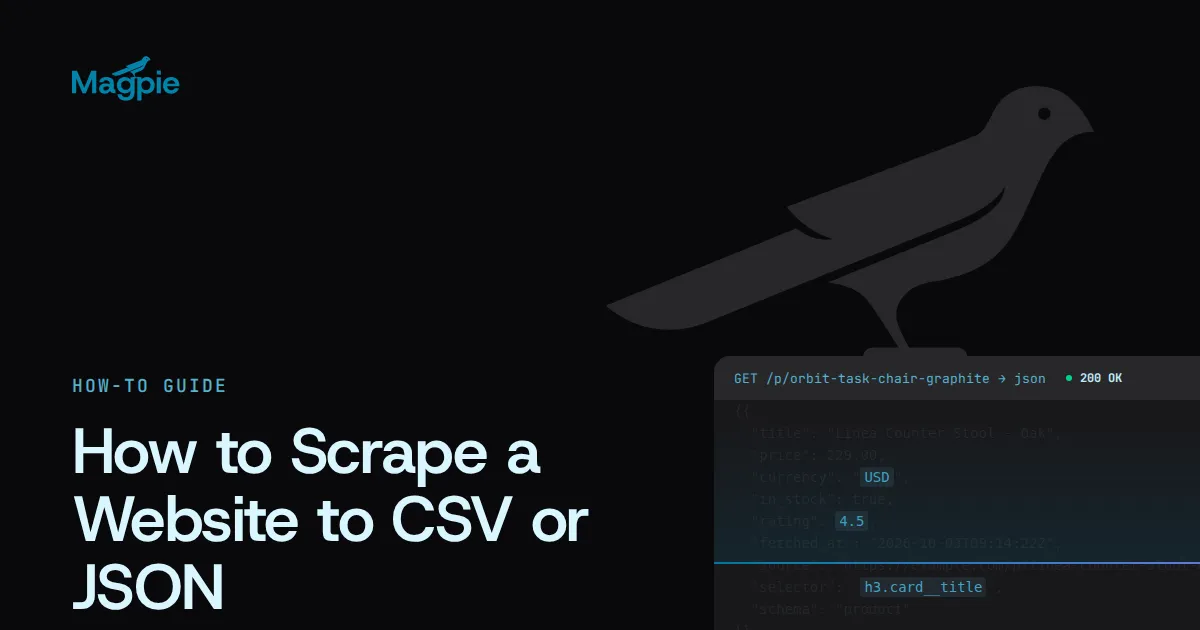 Magpie title card: How to Scrape a Website to CSV or JSON
