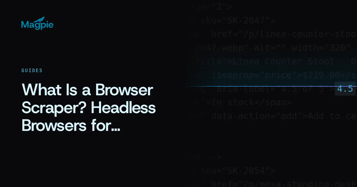 Magpie title card: What Is a Browser Scraper? Headless Browsers for Scraping, over a storefront's HTML source
