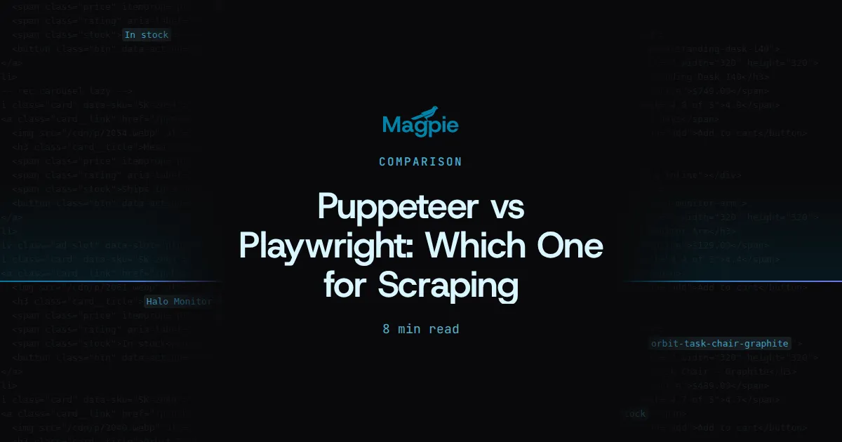 Magpie title card: Puppeteer vs Playwright: Which One for Scraping, over a storefront's HTML source