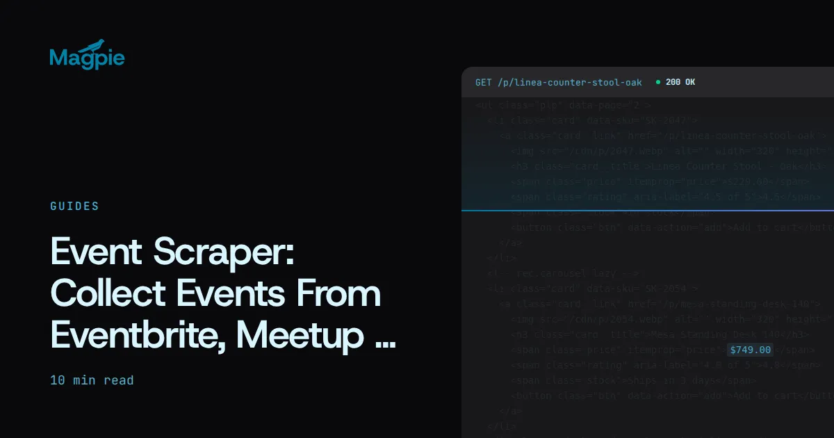 Magpie title card: Event Scraper: Collect Events From Eventbrite, Meetup & Luma
