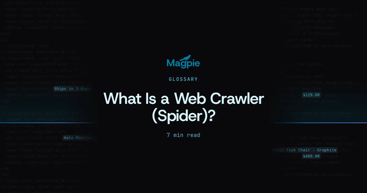 Magpie title card: What Is a Web Crawler (Spider)?, over a storefront's HTML source