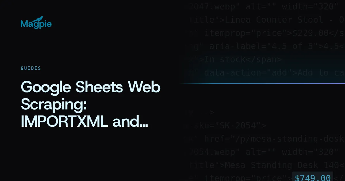 Magpie title card: Google Sheets Web Scraping — IMPORTXML and Beyond, over a spreadsheet filling with scraped rows