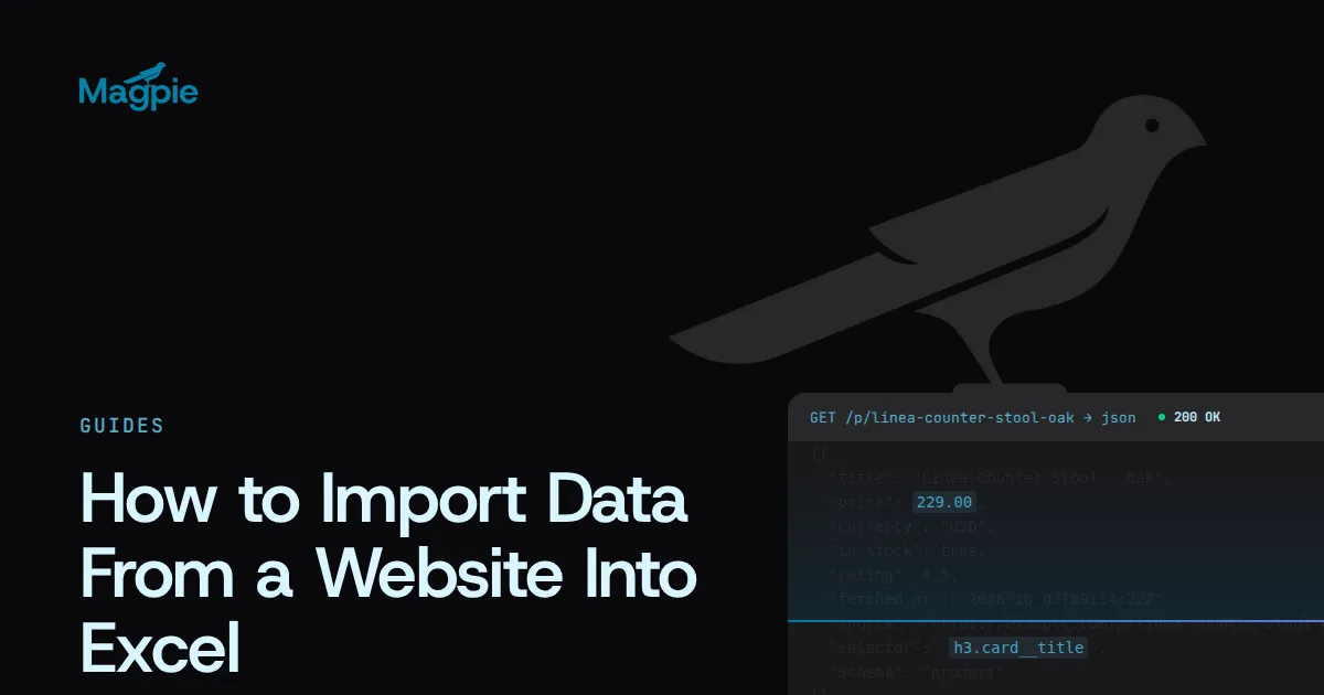 Magpie title card: How to Import Data From a Website Into Excel, over a JSON product record with its price and fetched-at timestamp