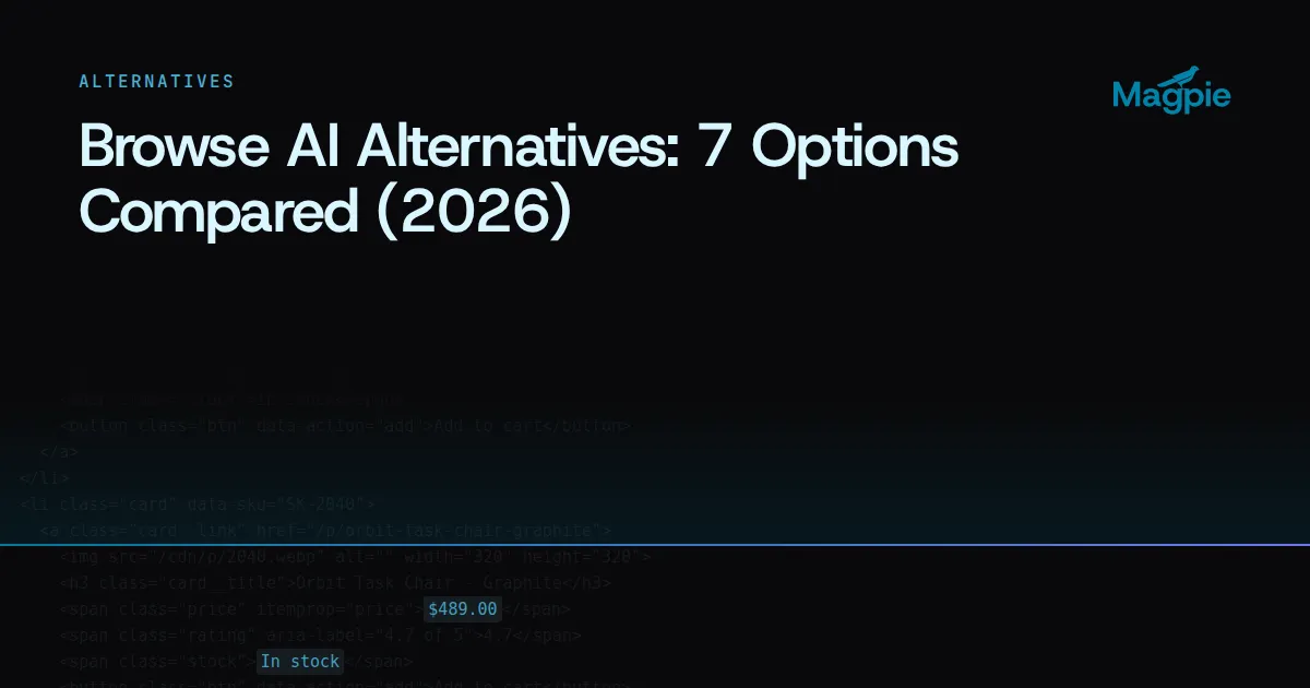 Magpie title card: Browse AI Alternatives: 7 Options Compared (2026), over a faint scraped storefront page