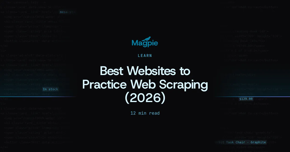 Magpie title card: Best Websites to Practice Web Scraping (2026), over a storefront's HTML source