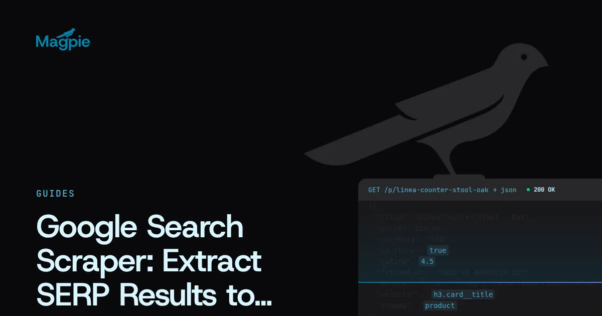 Magpie title card: Google Search Scraper: Extract SERP Results to CSV/JSON