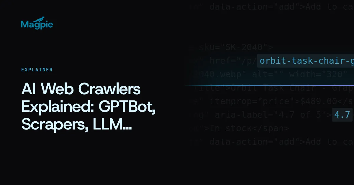 Magpie title card: AI Web Crawlers Explained: GPTBot, Scrapers, LLM Crawling