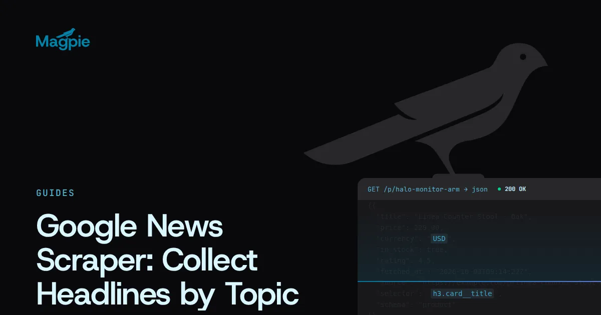 Magpie title card: Google News Scraper: Collect Headlines by Topic