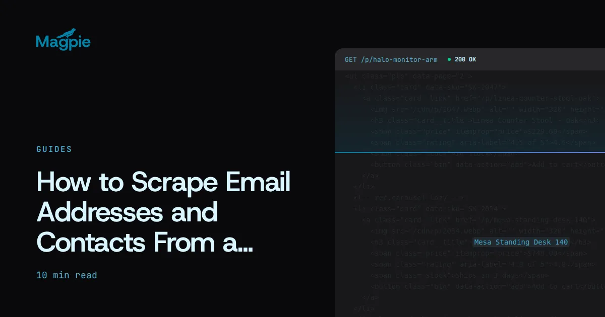 Magpie title card: How to Scrape Email Addresses and Contacts From a Website