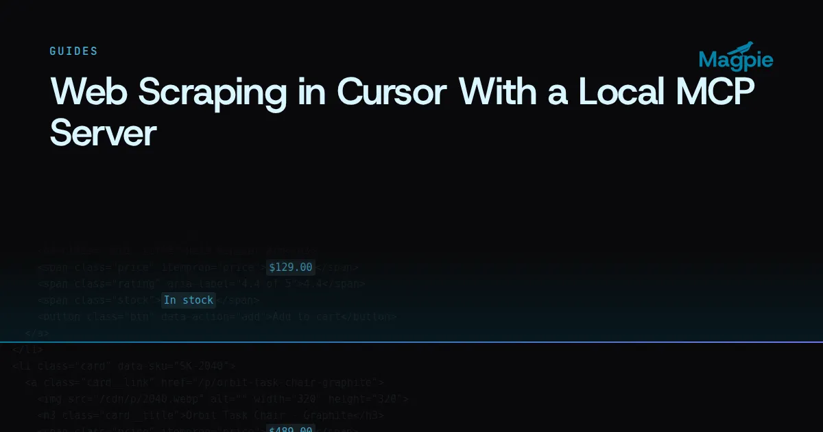 Magpie title card: Web Scraping in Cursor With a Local MCP Server, over a storefront's HTML source