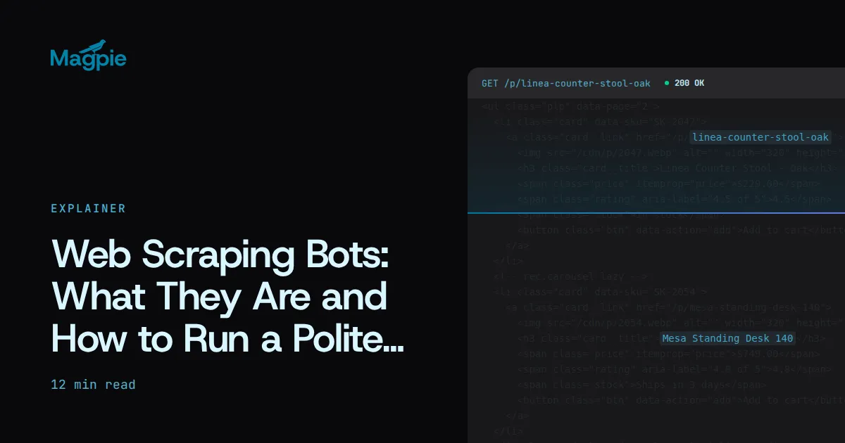 Magpie title card: Web Scraping Bots: What They Are and How to Run a Polite One, over a storefront's HTML source