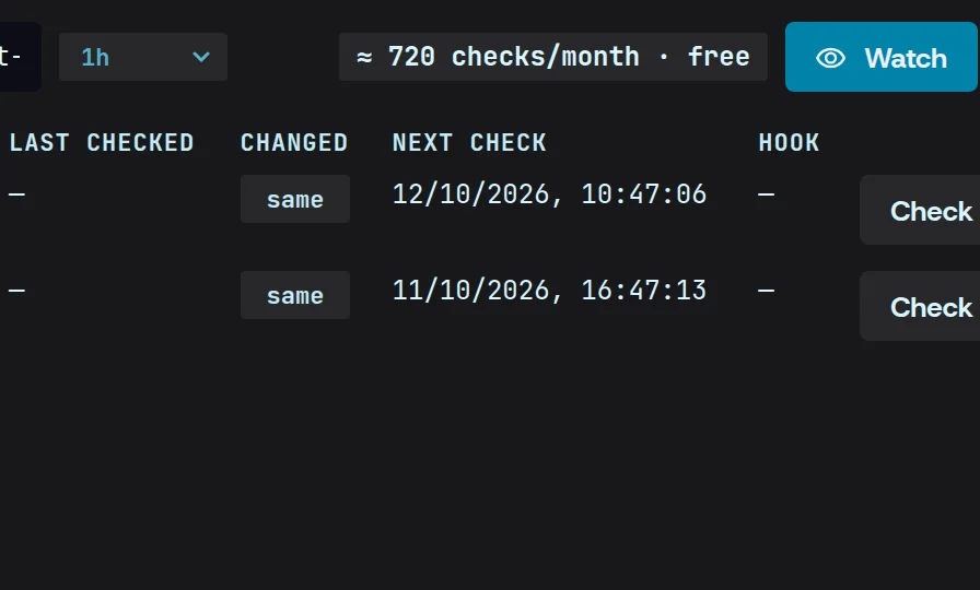 The schedule set to every hour — about 720 checks a month — beside the Watch button.