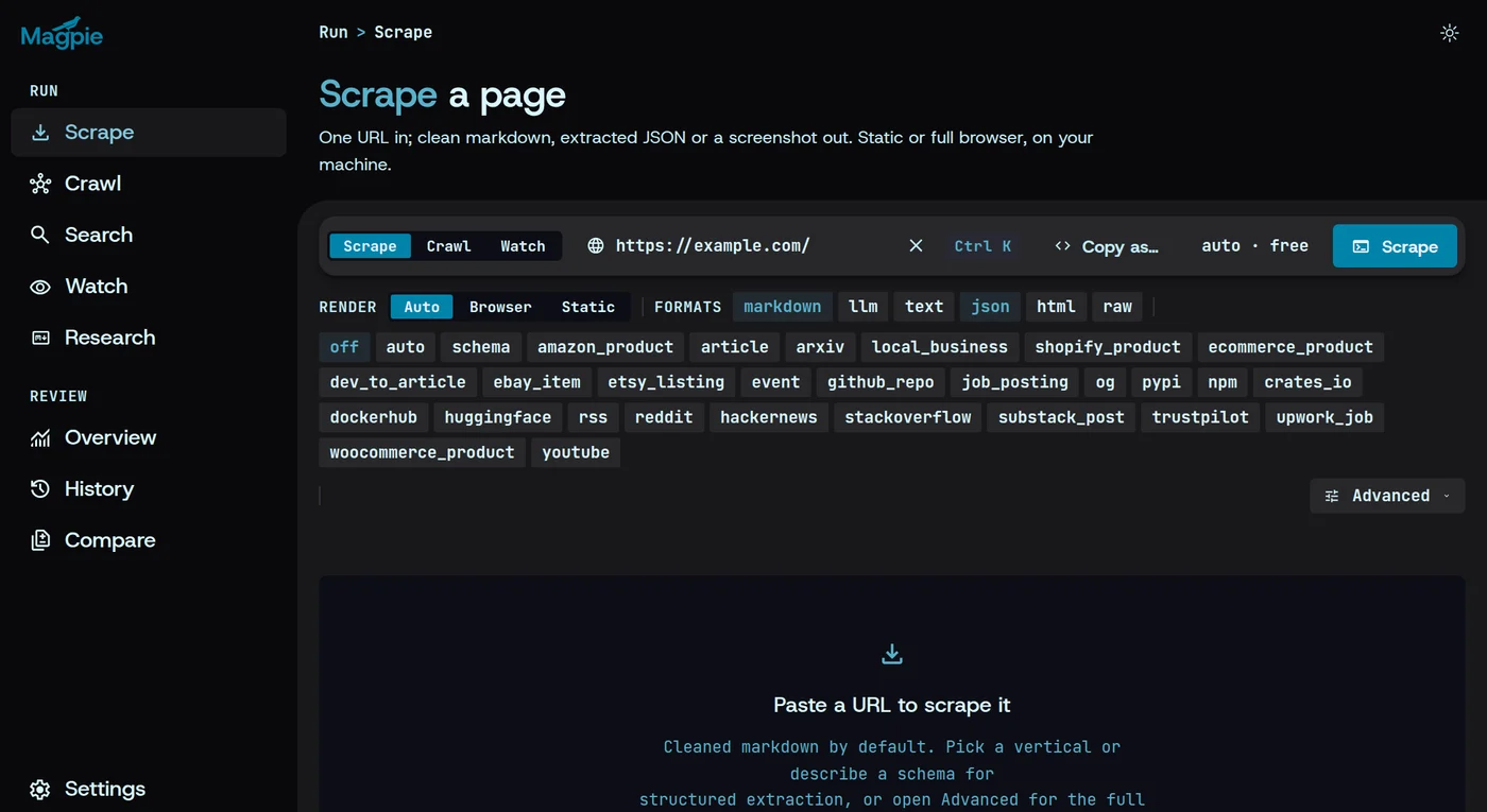 Magpie’s Scrape screen with https://example.com/ in the URL field, markdown and json picked