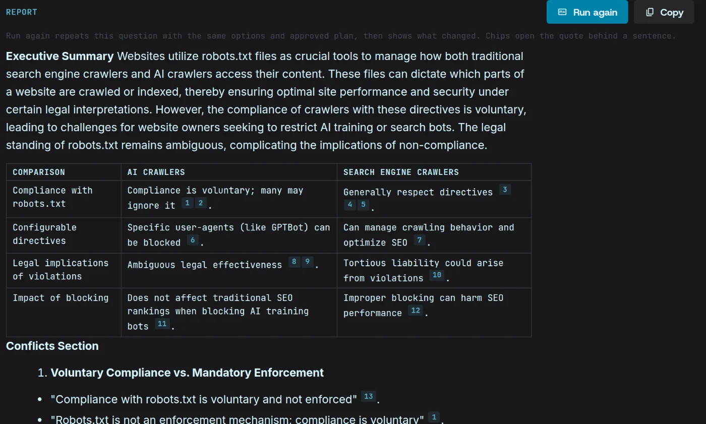 A Magpie report on how sites use robots.txt against AI crawlers: an executive summary and a comparison table of AI and search-engine crawlers, each claim tagged with numbered source chips.