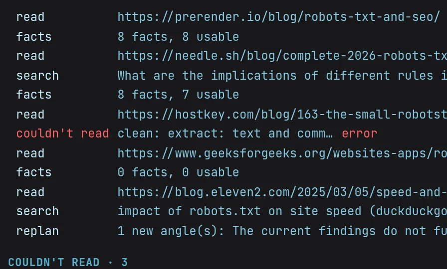 The run’s live log mid-read: each page it read, the facts it took from it, and its next searches.