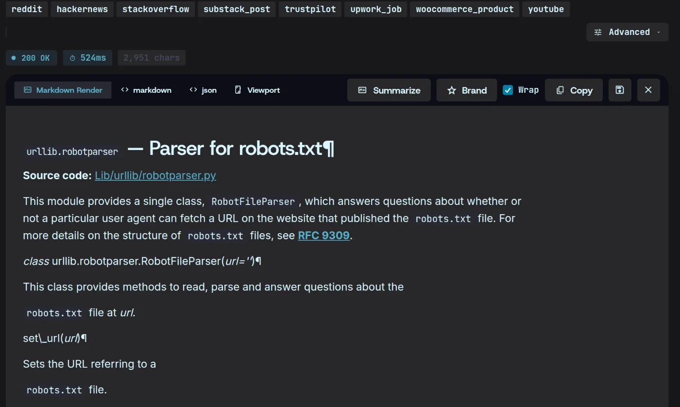 A scrape of Python’s urllib.robotparser docs rendered as clean markdown, with markdown and json tabs beside it and Copy and Save as file in the toolbar.
