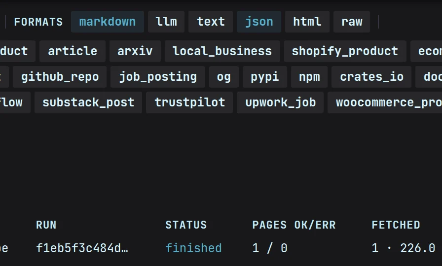 The render and format rows: Auto render, with markdown and json picked.