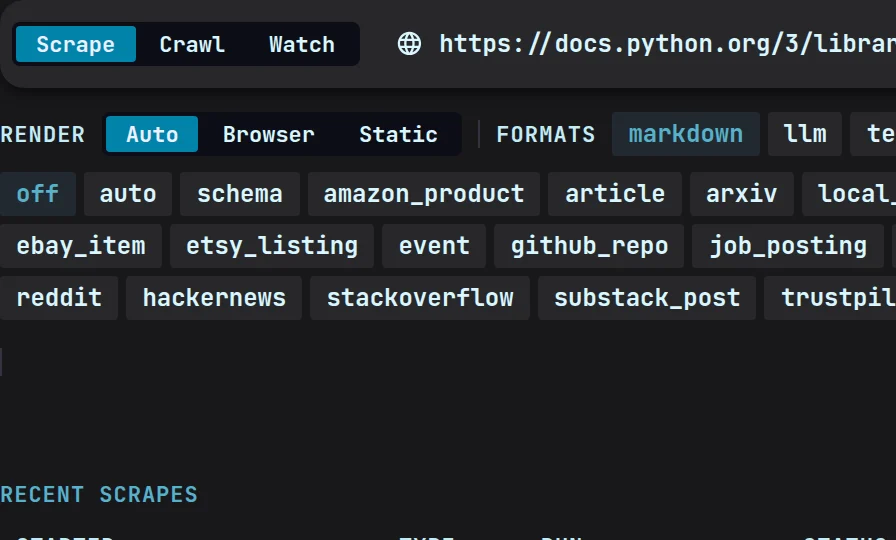 Magpie’s command bar with the docs.python.org urllib.robotparser page pasted in and Scrape picked.