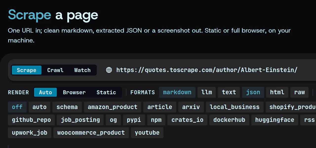 Magpie’s Scrape screen with a quotes.toscrape.com author page pasted into the URL bar, Scrape picked over Crawl and Watch, and markdown and json chosen as formats.