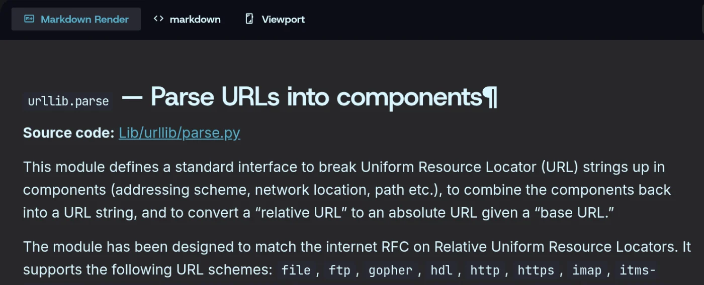 Python’s urllib.parse docs scraped and rendered as clean text: the heading, the source link and the prose, the site’s navigation gone.