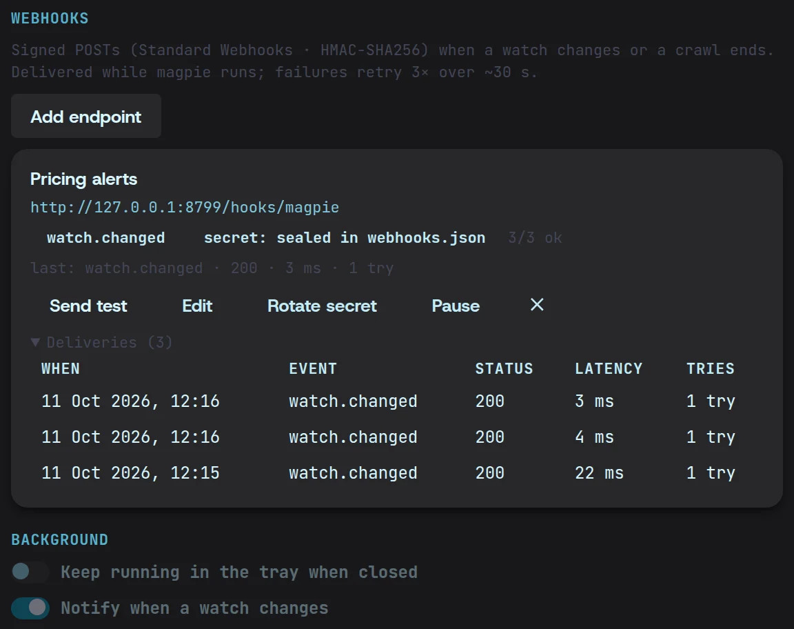 The Pricing alerts webhook in Settings: three signed watch.changed deliveries, each answered 200 within milliseconds, and desktop notifications for watch changes switched on.